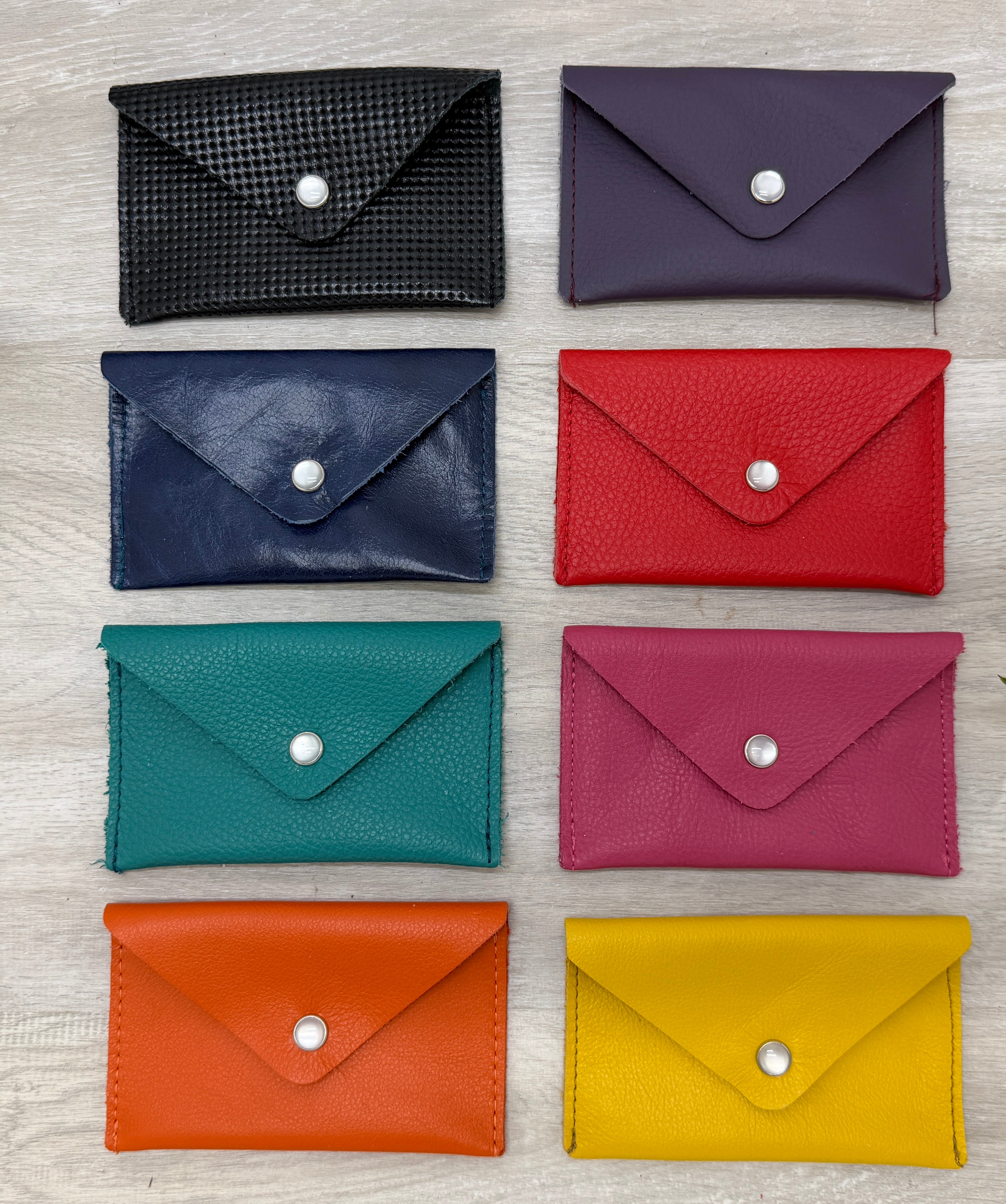 Recycled leather small card case wallet with snap closure, holds