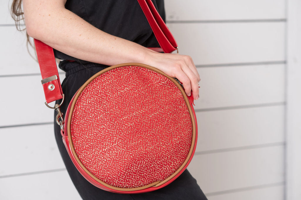 Vintage Fabric Circle Crossbody Bag - Red Tweed