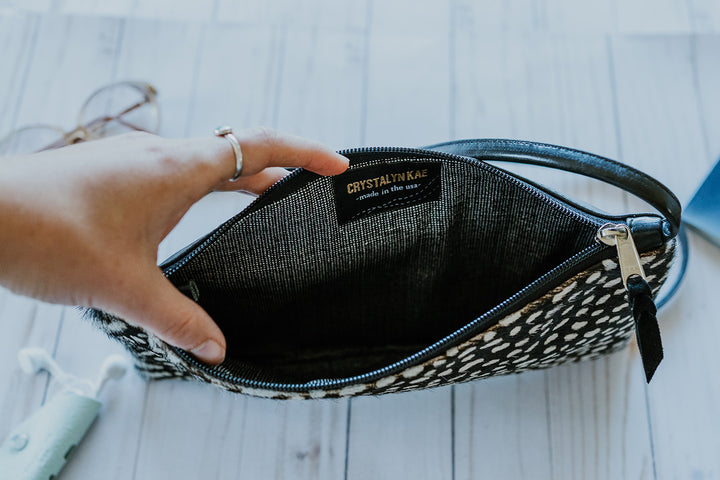 Bossa Nova Medium Crossbody Bag from Limited Edition Fabric made in USA#color_black-white-cowhide