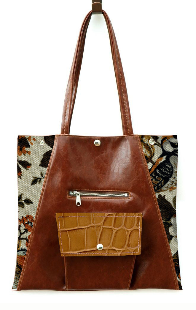 Metier Tote - Brown with Vintage Woodpecker Fabric