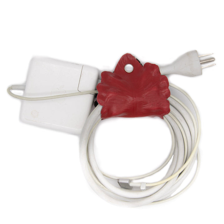 laptop cords gathered in tidy bundle with Laptop Leaf Cord Wrap - red