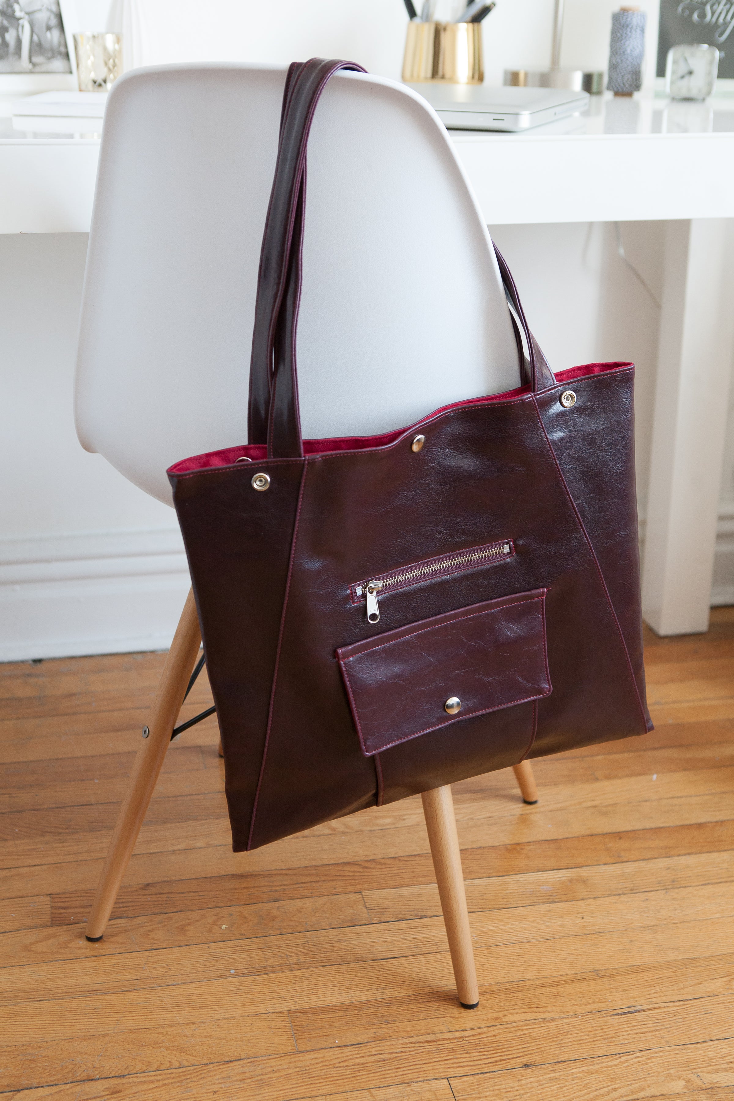 wine sleek work tote bag in burgundy washable leather