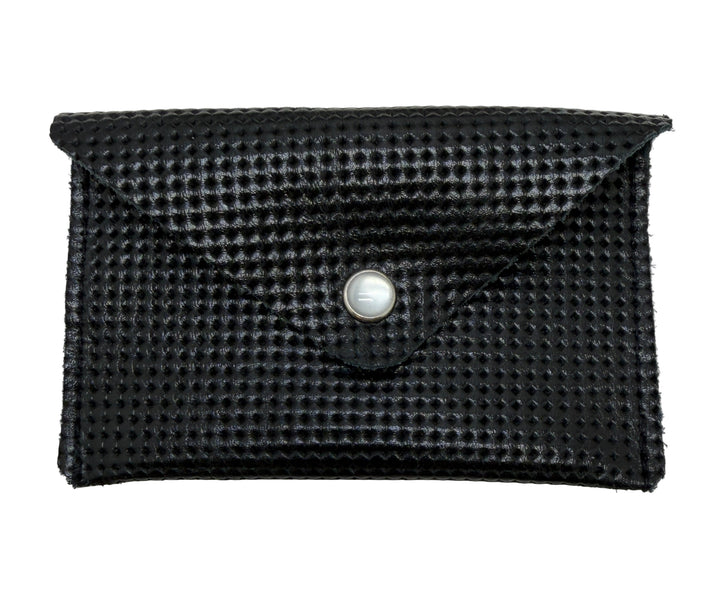 Black woven wallet with a button on a white background#color_black