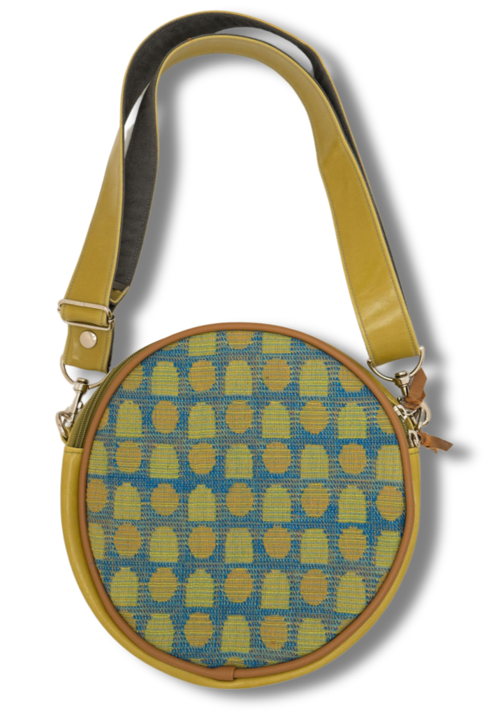 Vintage Boeing Fabric Circle Crossbody Bag -Olive and Navy Geometric w/ Citrine