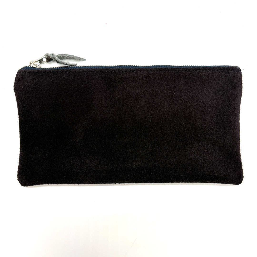 Black suede pouch with a silver zipper on a white background#color_midnight-ferns