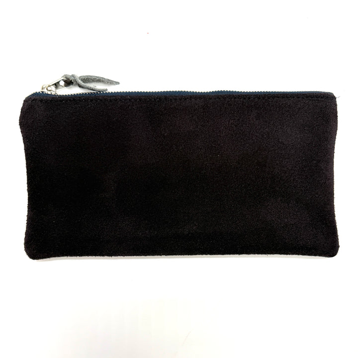 Black suede pouch with a silver zipper on a white background#color_midnight-ferns