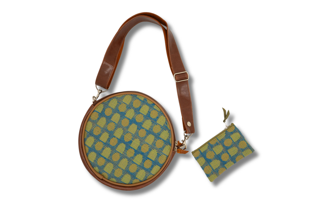 Vintage Boeing Fabric Circle Crossbody Bag -Olive and Navy Geometric w/ Ale Brown