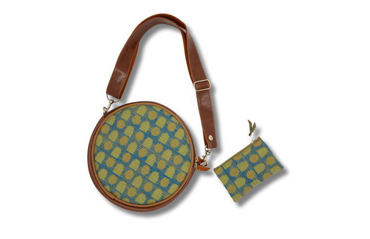 Vintage Boeing Fabric Circle Crossbody Bag -Olive and Navy Geometric w/ Ale Brown
