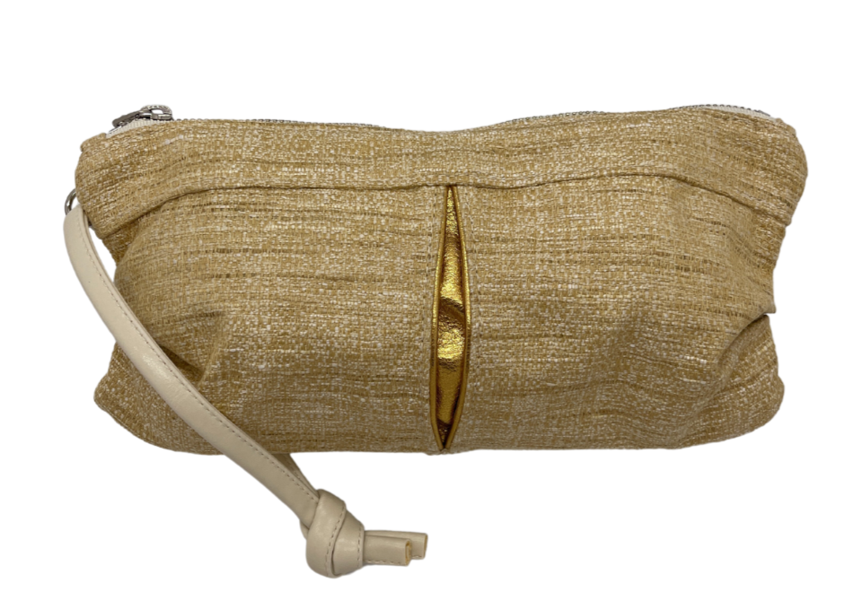 Pleated Clutch - Vintage Fabric with Gold Leather