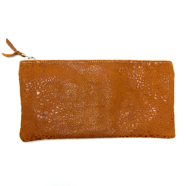 Brown textured pouch with a zipper on a white background#color_orange-ferns