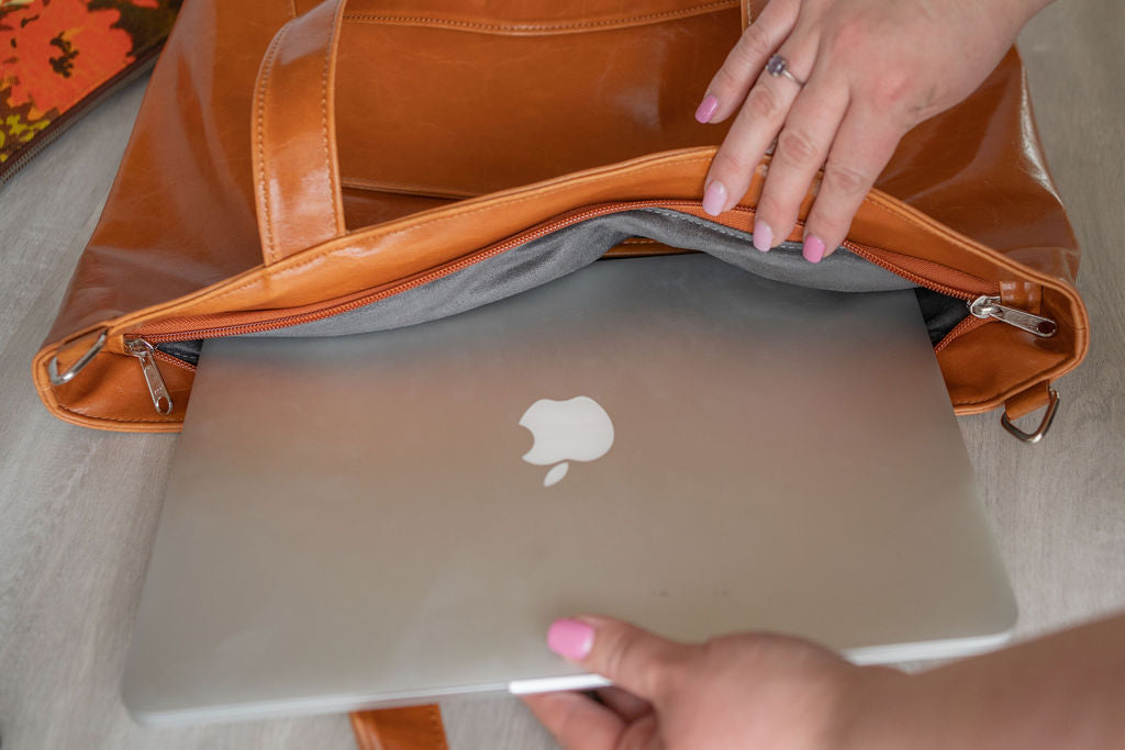 Troubadour Laptop Tote - Navy Vegan Leather #color_butterscotch