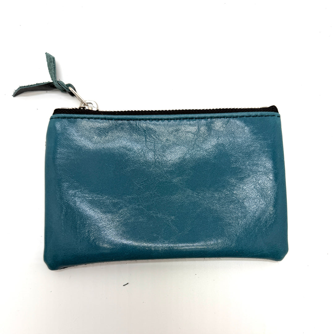 Blue leather pouch with a zipper on a white background#color_teal-ferns