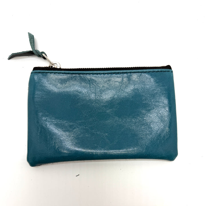 Blue leather pouch with a zipper on a white background#color_teal-ferns
