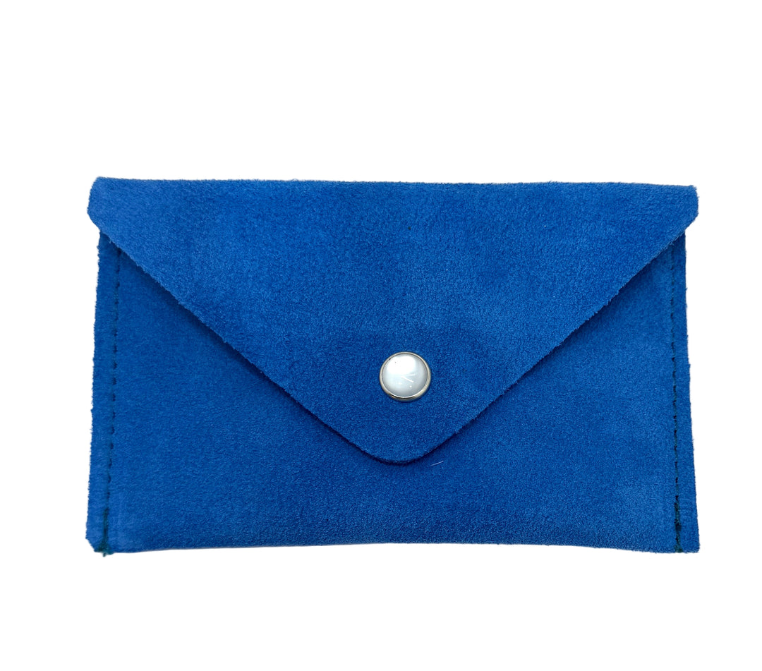 Blue suede clutch with a silver button on a white background #color_blue-suede