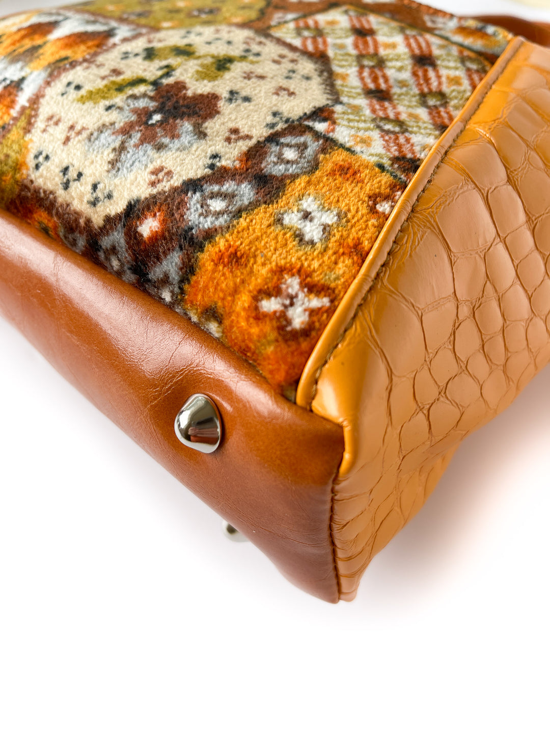 Mini Troubadour Tote - Butterscotch with Crocodile Embossed Leather and Patchwork Chenille