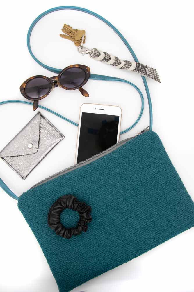 Bossa Nova Medium Crossbody Bag from Limited Edition Fabric made in USA#color_teal-boucle