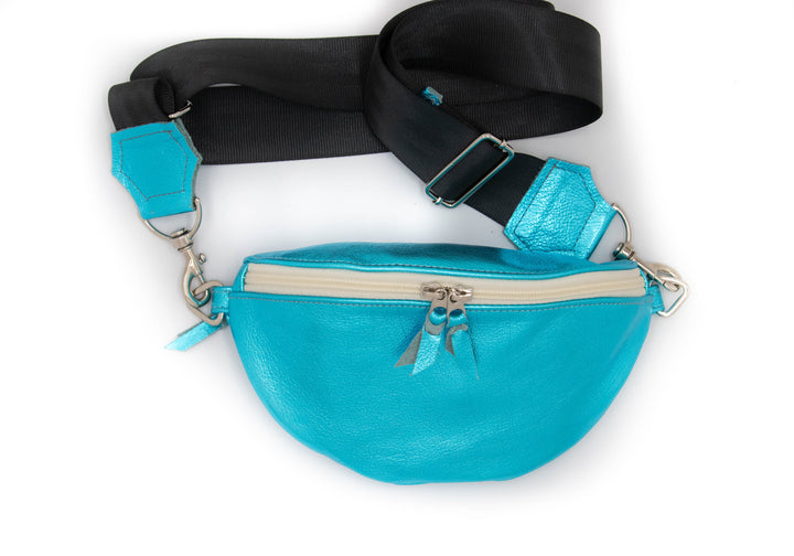 Leather Fanny "Franny" Pack from Leather made in USA#color_metallic-blue-with-white-zipper