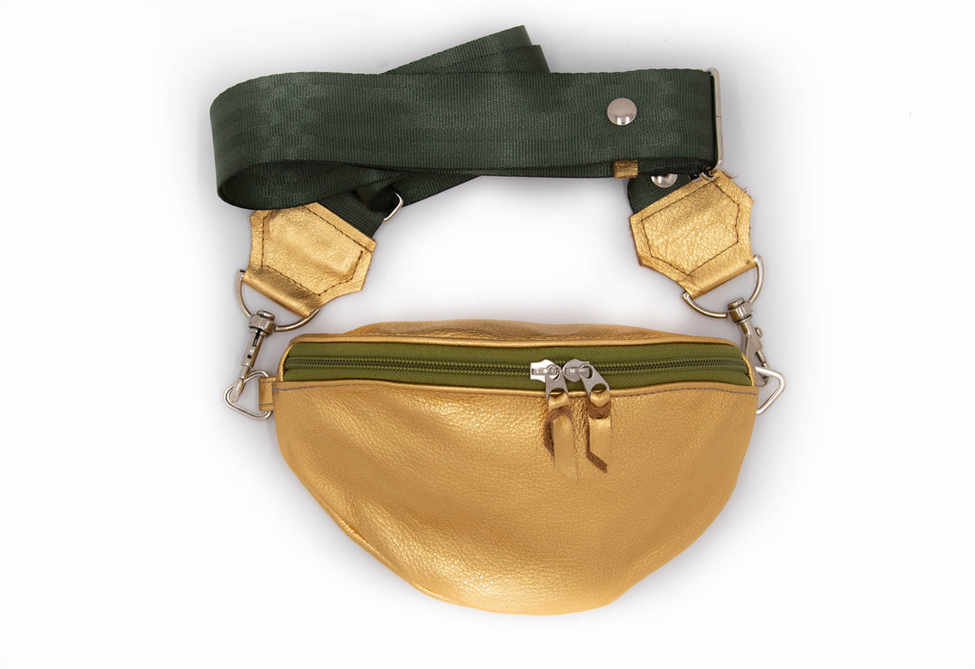Leather Fanny "Franny" Pack from Leather made in USA#color_metallic-gold-with-olive-zipper
