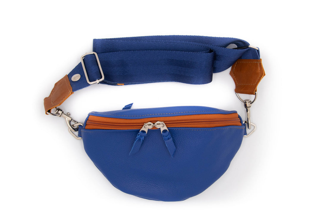 Leather Fanny "Franny" Pack from Leather made in USA#color_cobalt-with-butterscotch-zipper