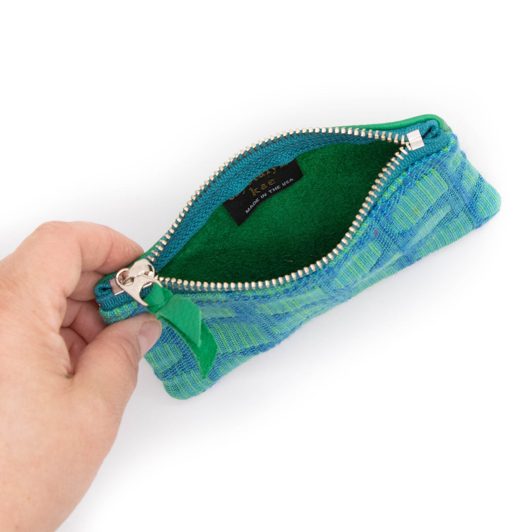 Vintage Boeing Fabric and Leather Small Valet Zipper Pouch - Teal and Green Geometric