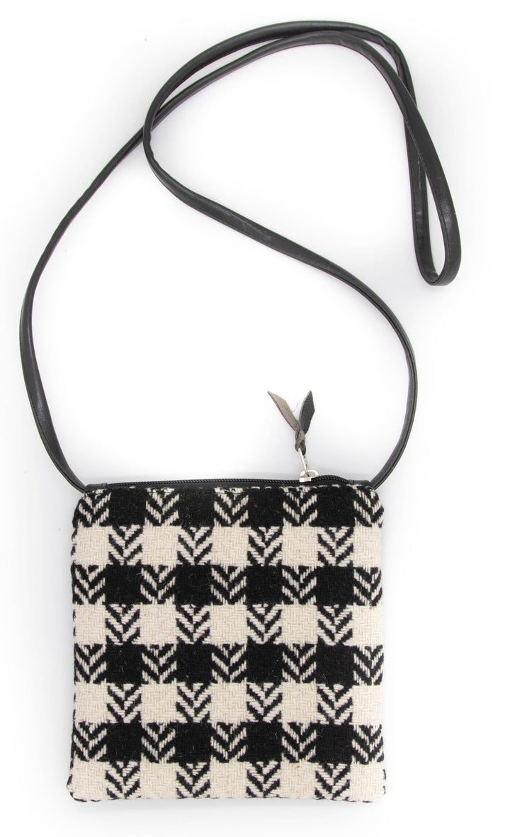 Vintage Wool Fabric and Vegan Leather Cha Cha Small Crossbody Bag -  Black & White Houndstooth