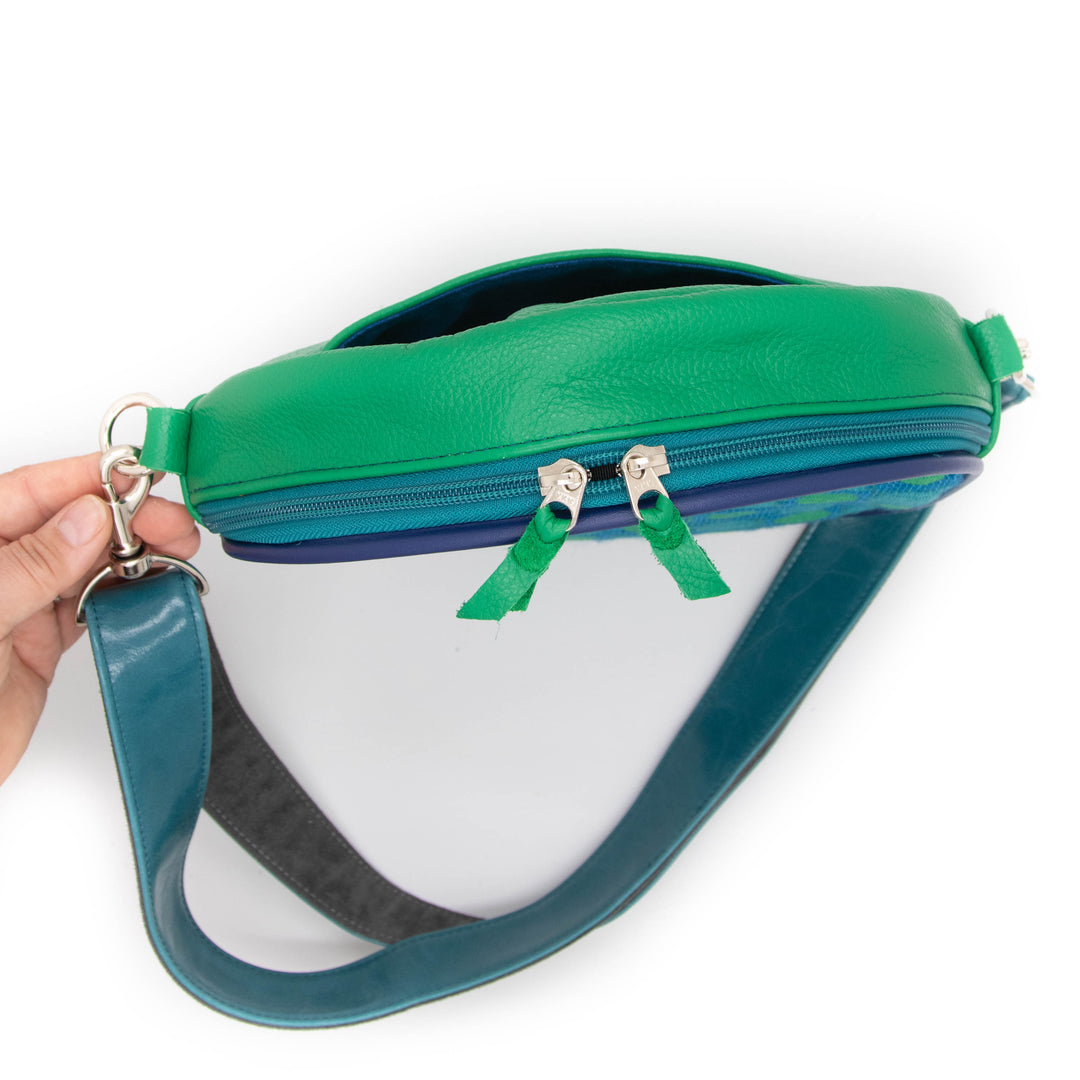 Vintage Boeing Fabric and Leather Circle Crossbody Bag - Teal & Green Geometric