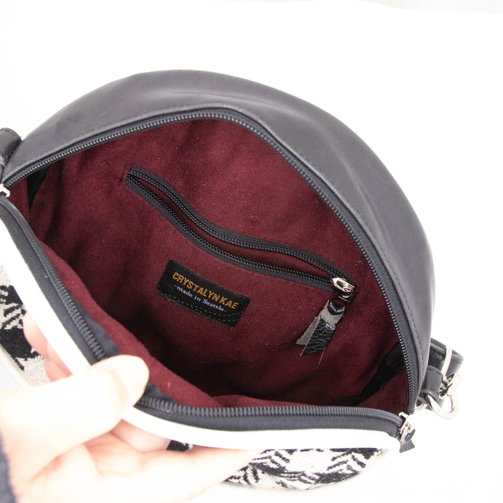 Vintage Wool Fabric and Vegan Leather Circle Crossbody Bag - Black & White Houndstooth