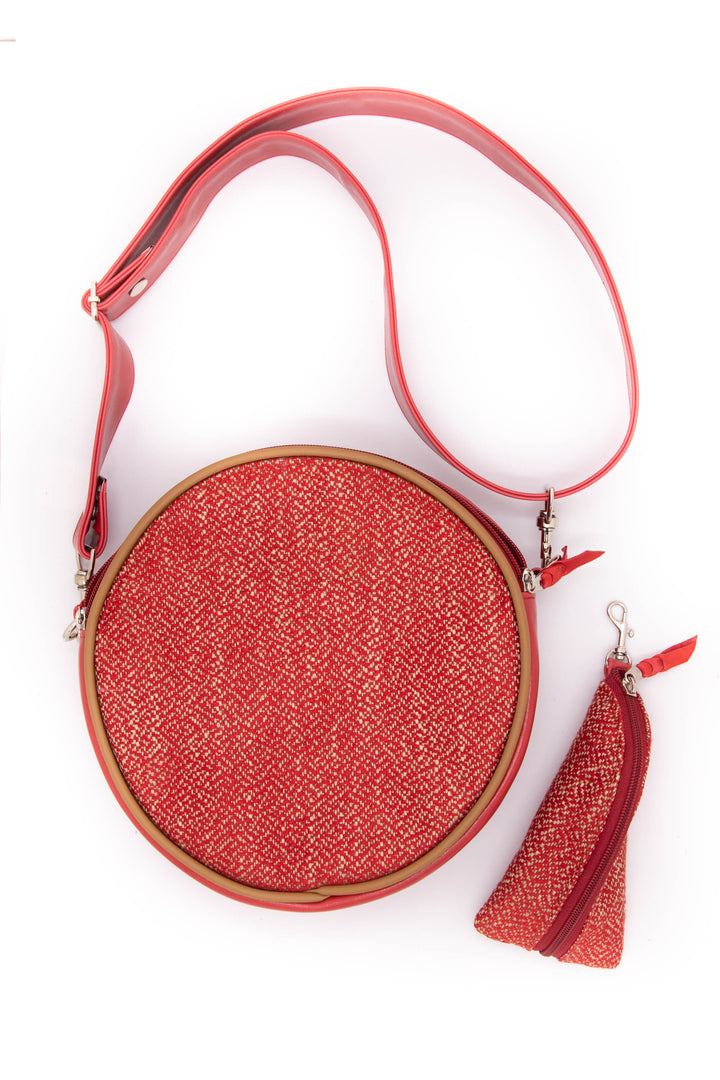 Circle Crossbody Bag With Vintage Fabric - Red Tweed