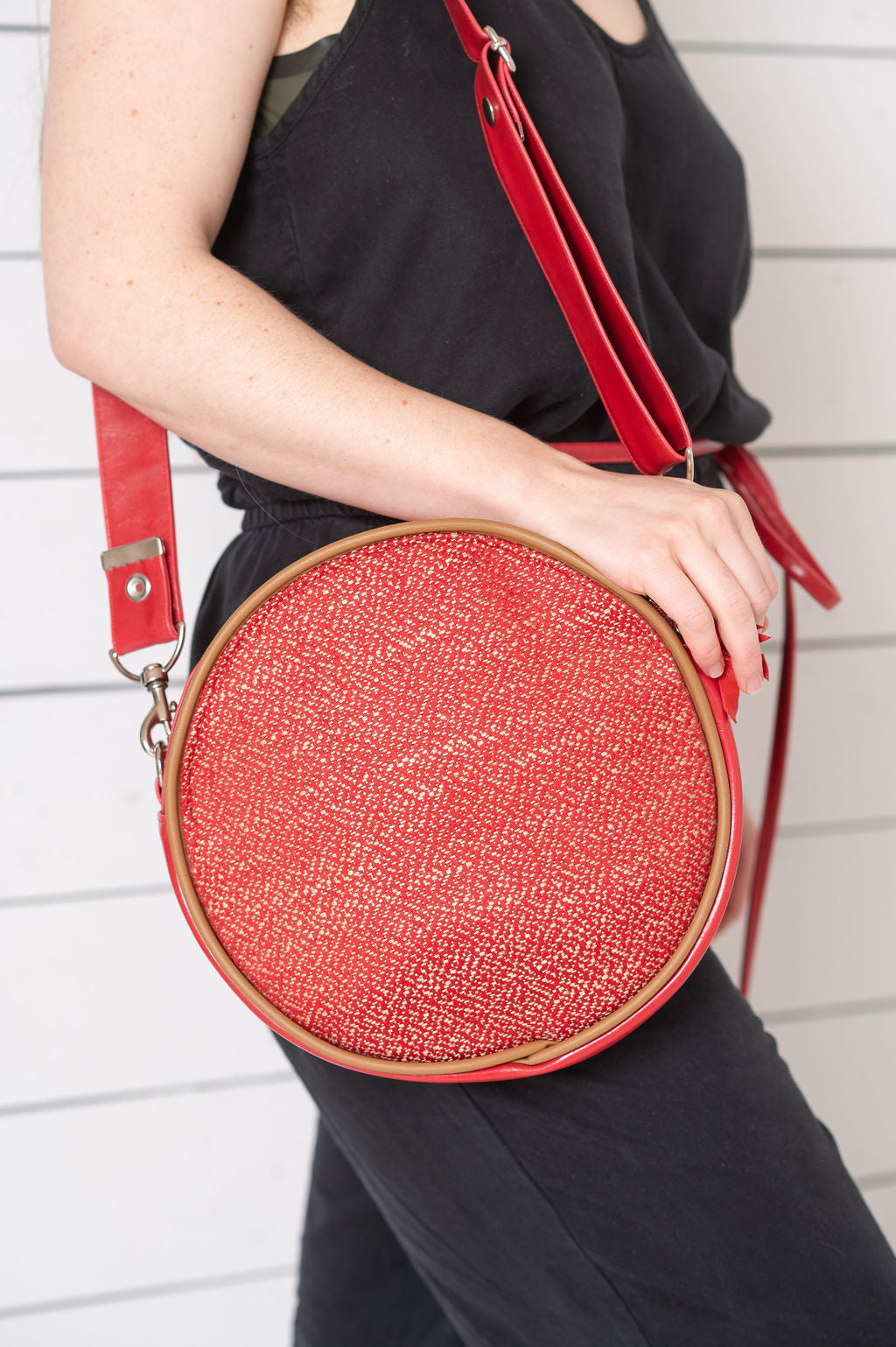 Vintage Fabric Circle Crossbody Bag - Red Tweed