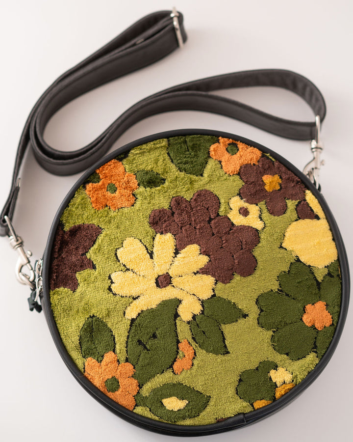 Vintage Fabric Circle Crossbody Bag - Green Floral Chenille