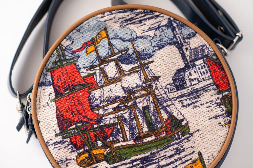 Embroidered bag with a ship design on a white background#color_nautical-sailboat-barkcloth