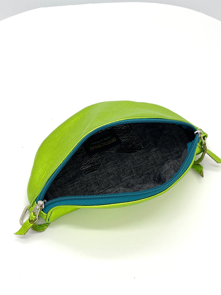 Leather Fanny "Franny" Pack from Leather made in USA#color_metallic-green-with-teal-zipper