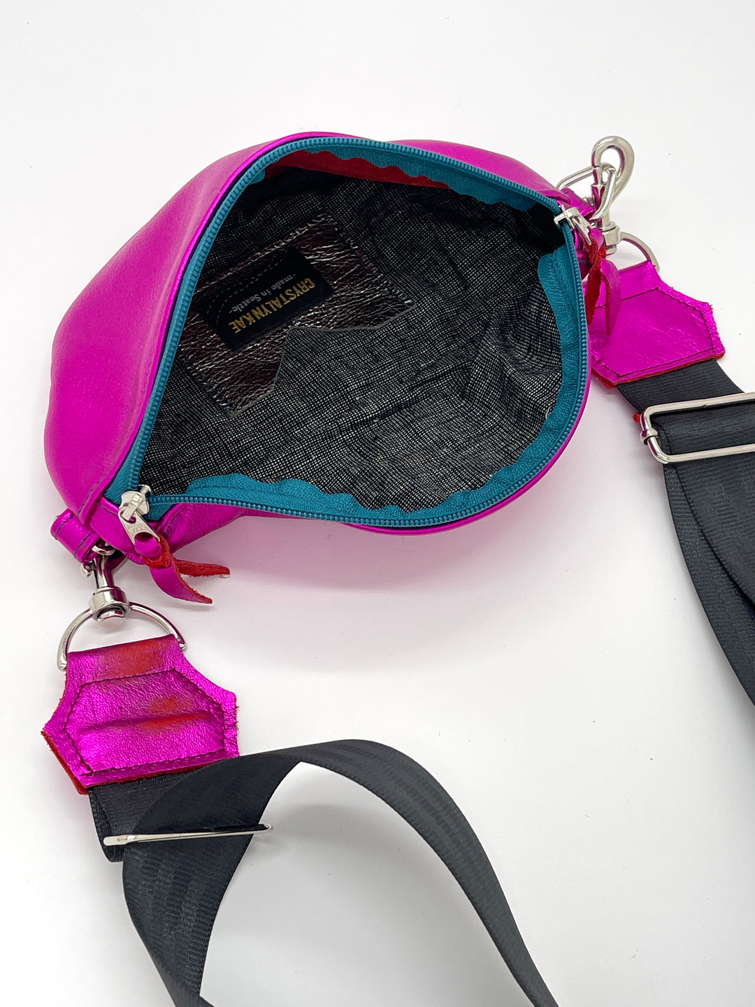 Leather Fanny "Franny" Pack from Leather made in USA#color_metallic-pink-with-teal-zipper
