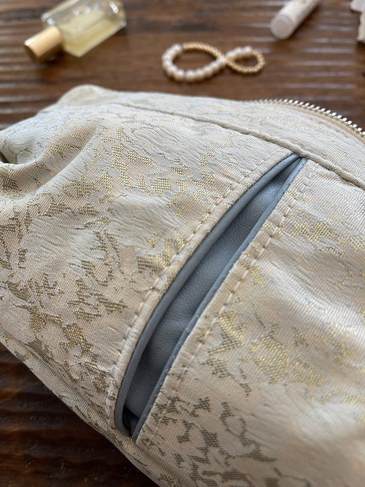Pleated Clutch - Metallic Brocade with Powder Blue Leather