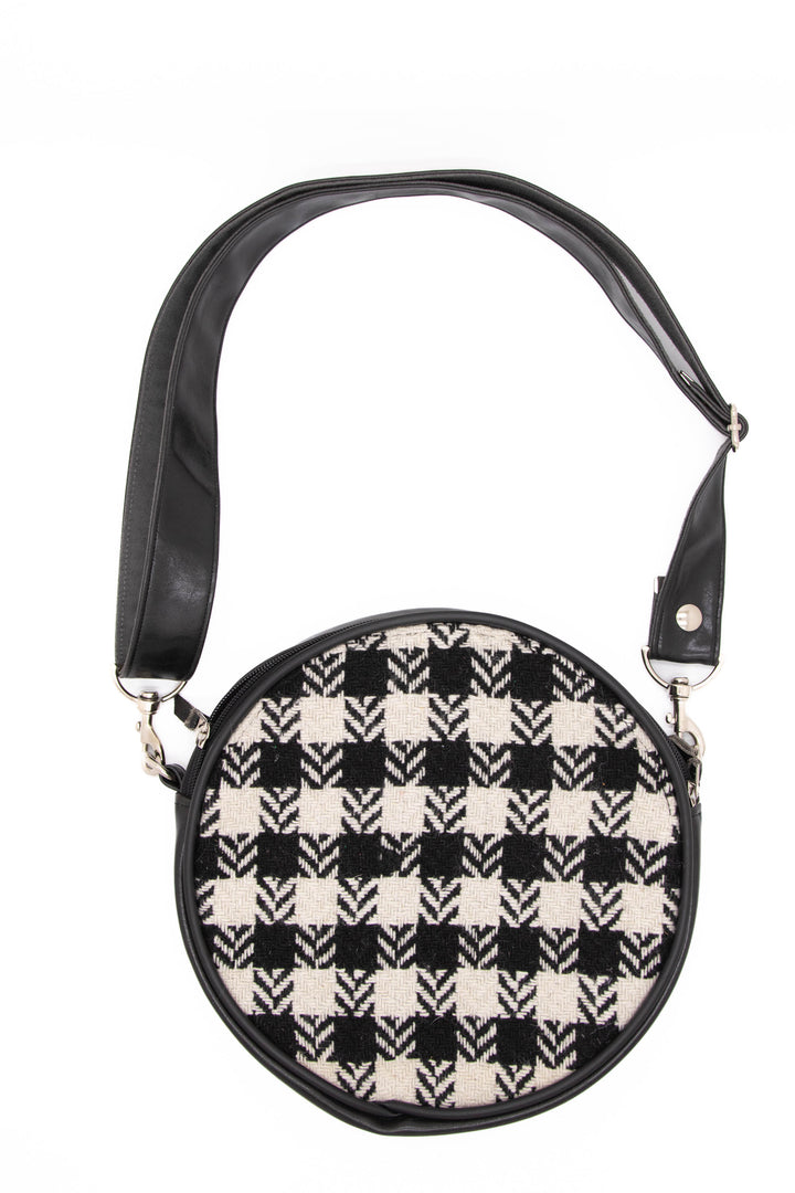 Vintage Fabric Circle Crossbody Bag - Gothic Black & White Houndstooth