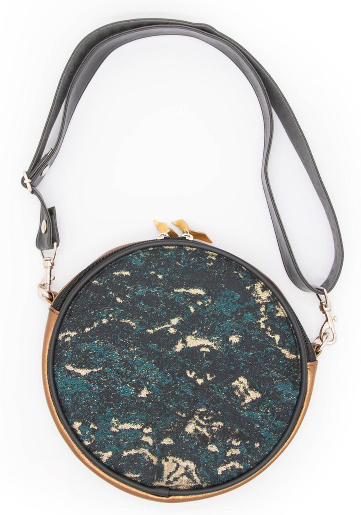 Vintage Fabric and Leather Circle Crossbody Bag - Teal and Black