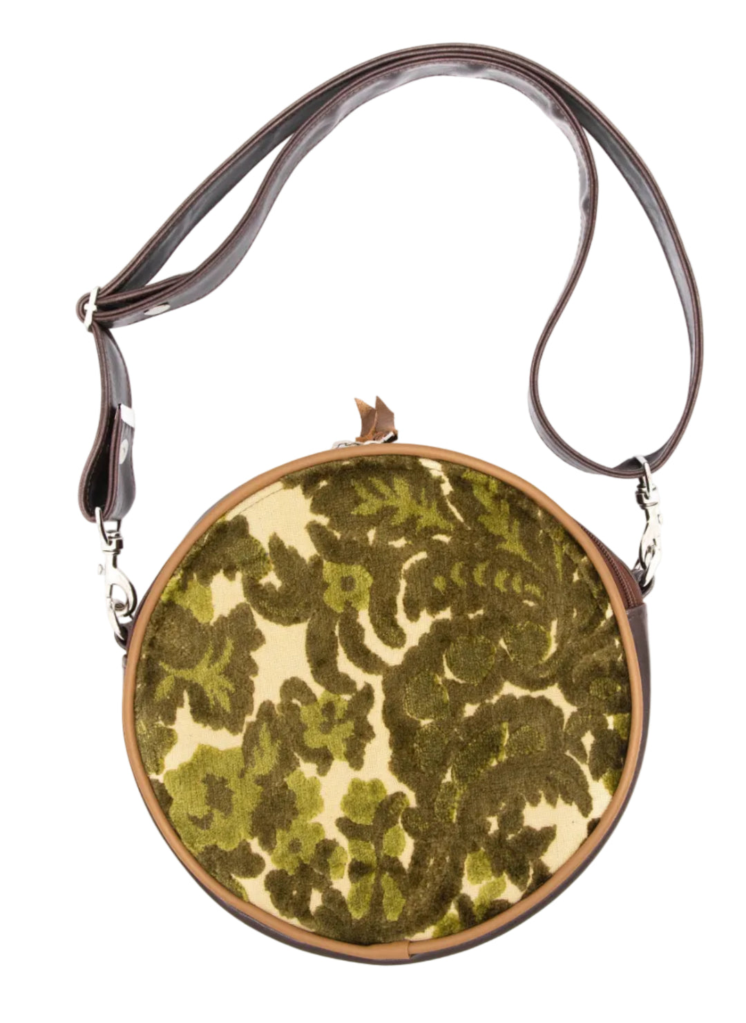 Round handbag with floral pattern on a white background#color_ornate-mossy-green-chenille