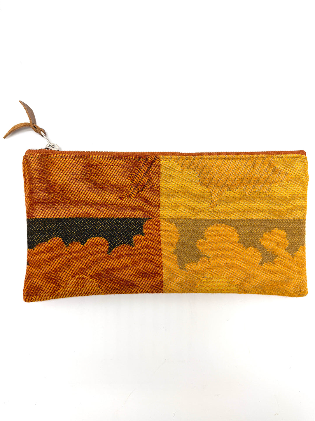 Patchwork pouch with orange, yellow, and brown colors on a white background#color_clouds-warm