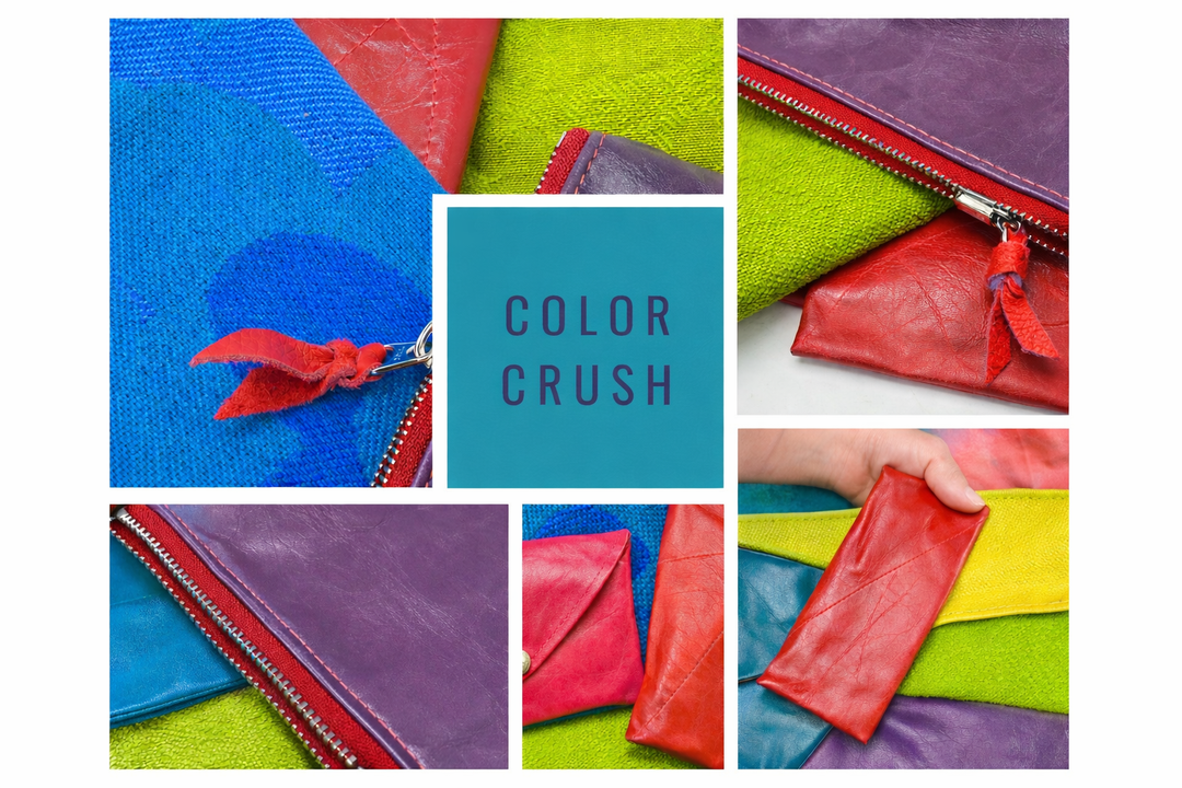 Collage of colorful zippers and fabric on a white background with 'Color Crush' text.#color_color-crush

