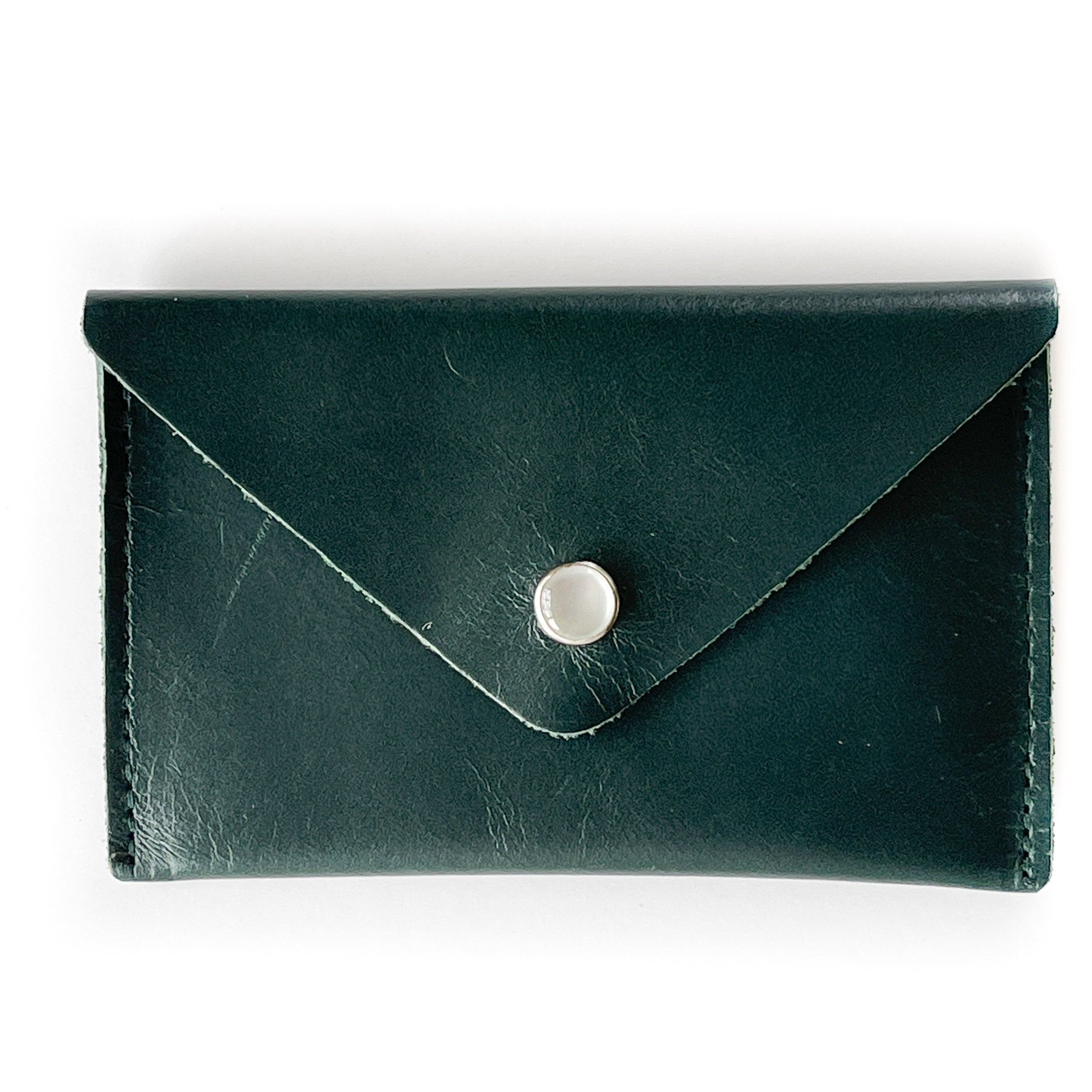 Recycled leather small card case wallet with snap closure, holds