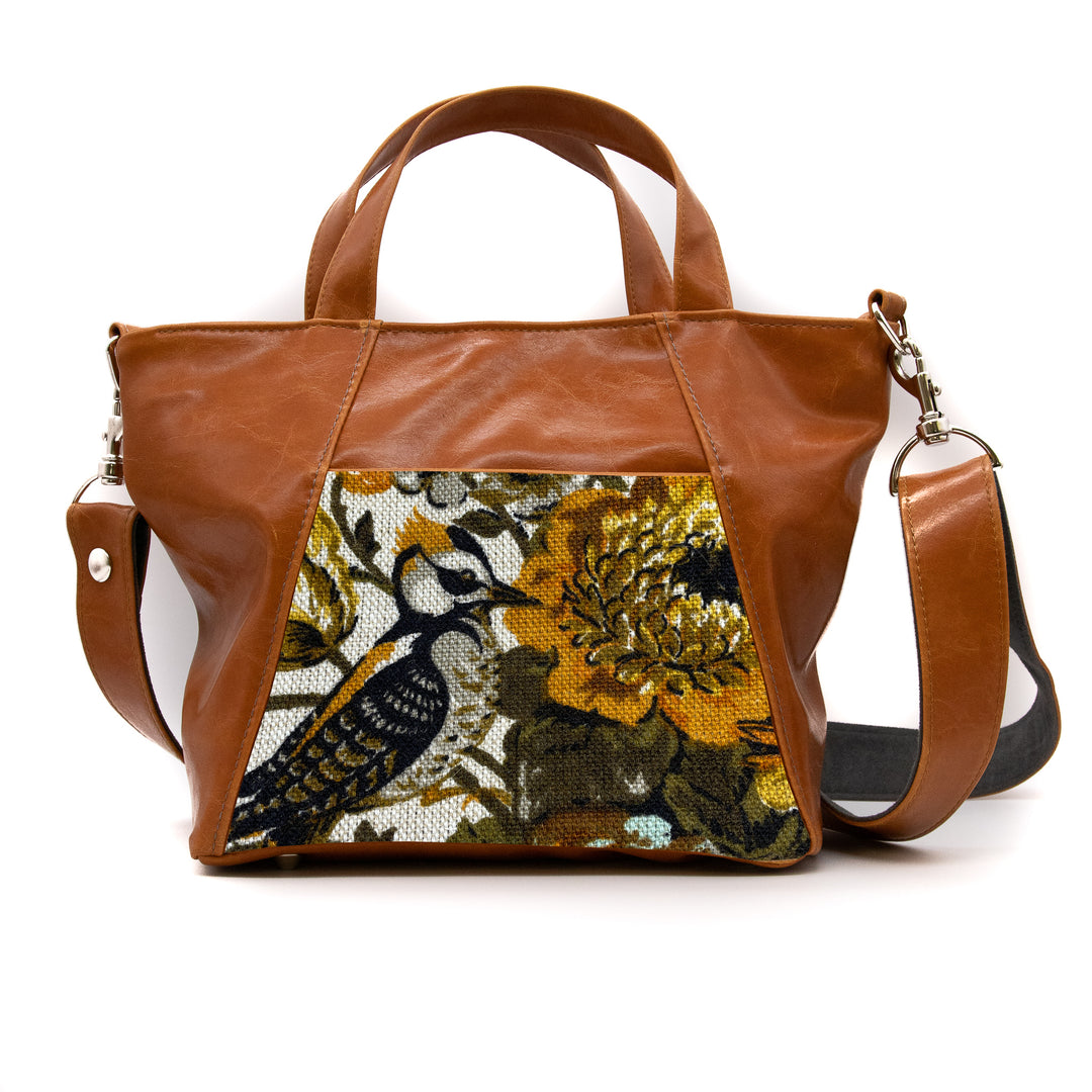 Mini Troubadour Tote - Butterscotch with Vintage Woodpecker or Pheasant Fabric