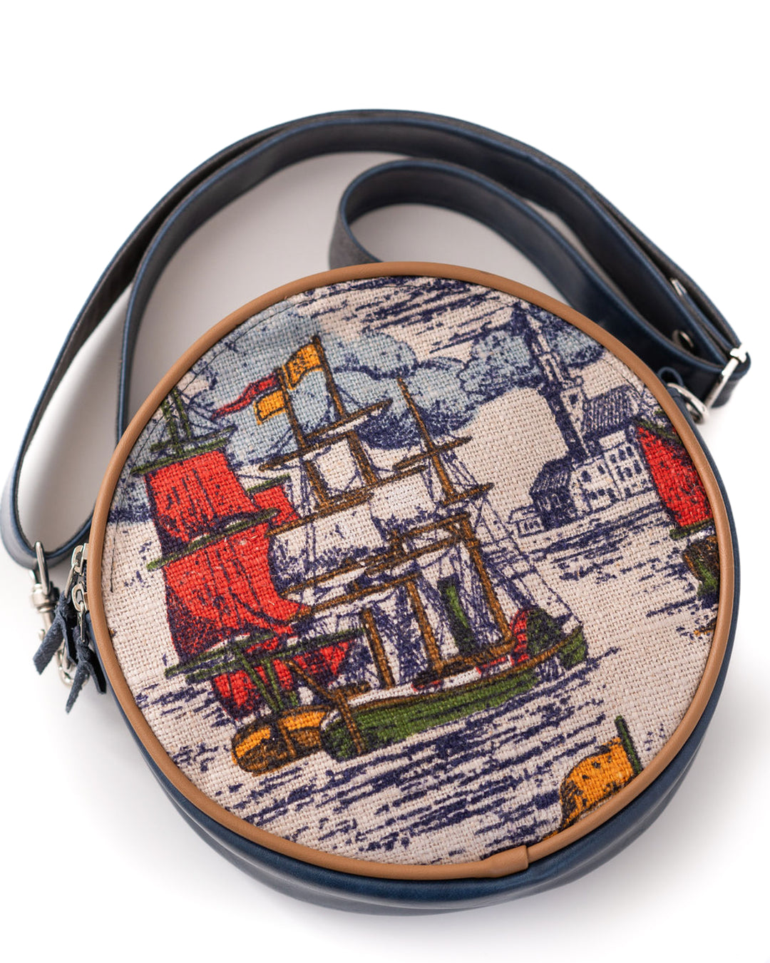 Round  bag with a ship design on a white background#color_nautical-sailboat-barkcloth