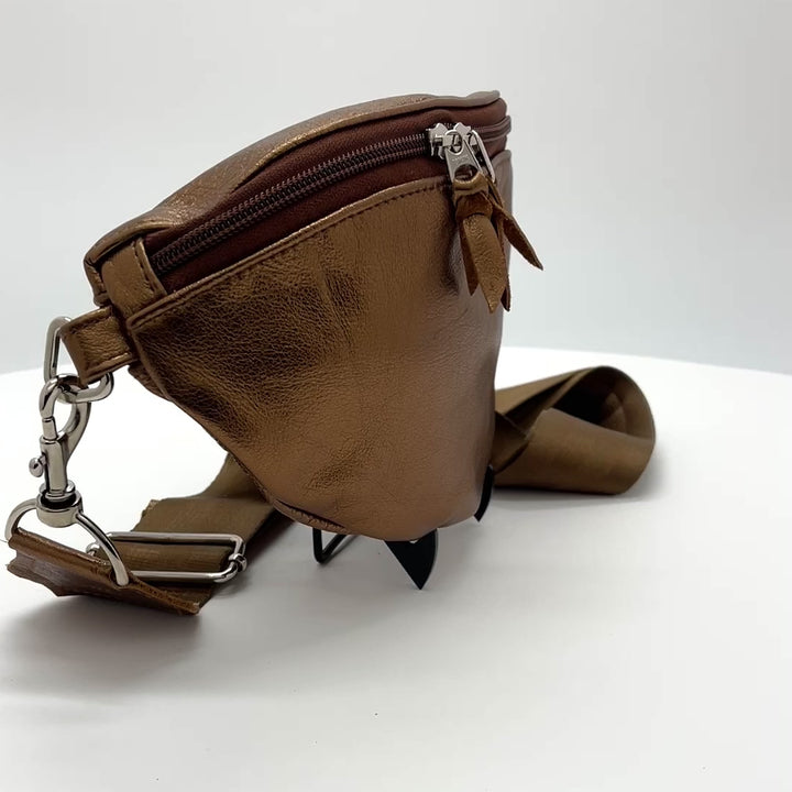 Leather Fanny "Franny" Pack from Leather made in USA#color_metallic-bronze-with-ale-brown-zipper