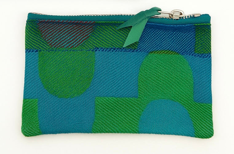 Two green and blue patterned pouches on a white background#color_sky-arches-teal-green