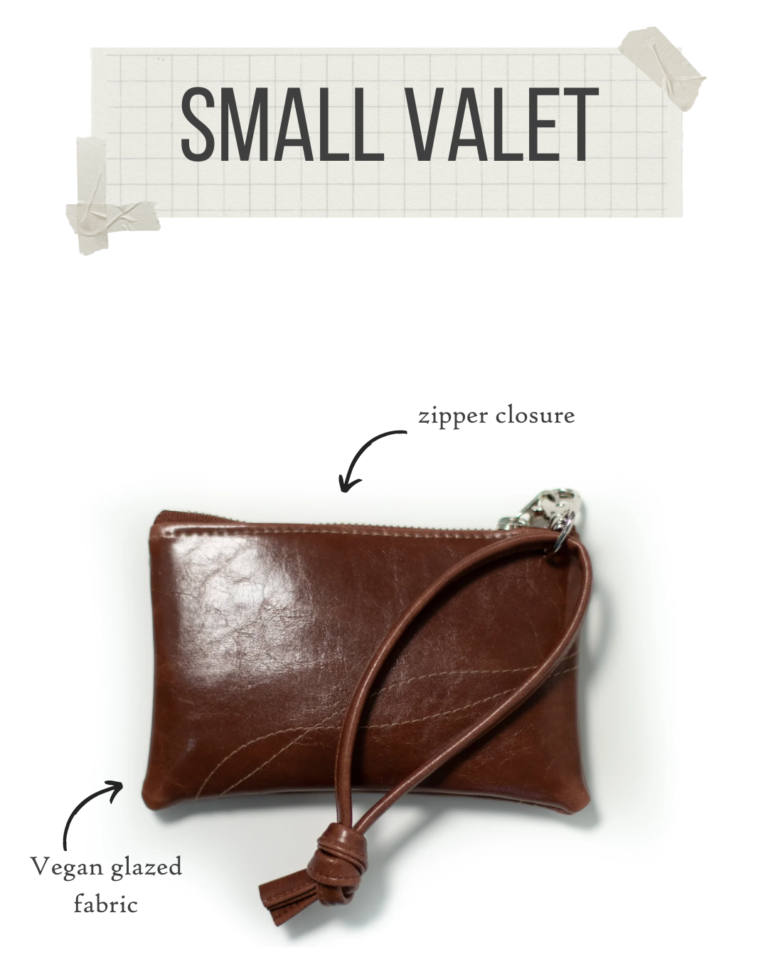 Brown leather pouch with zipper closure on a white background, labeled 'Small Valet'.