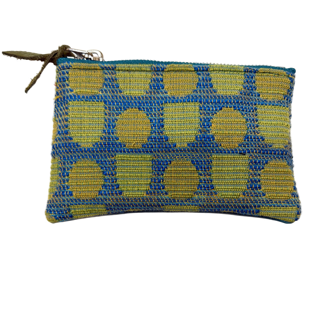 Textured blue and green pouch with a zipper on a white background#color_arcade_dots_blue_green