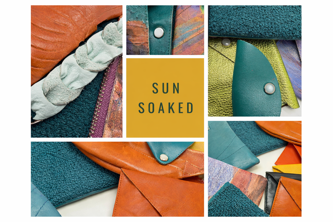 Collage of textured fabric swatches with 'Sun Soaked' text in the center.#color_sun-soaked
