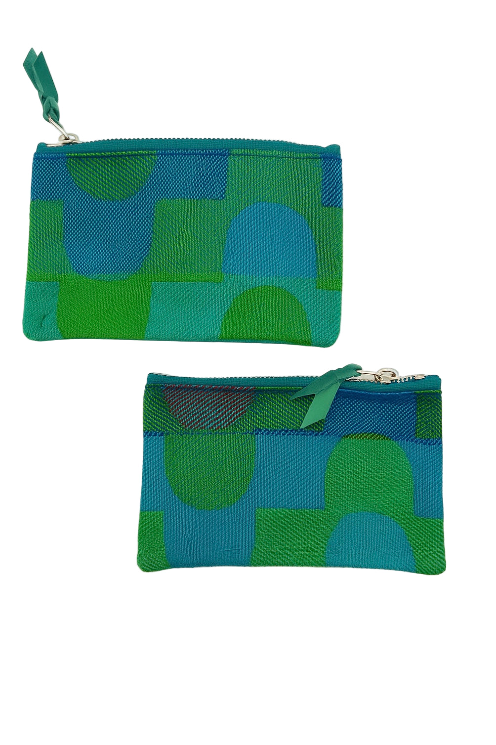 Two green and blue patterned pouches on a white background#color_sky-arches-teal-green