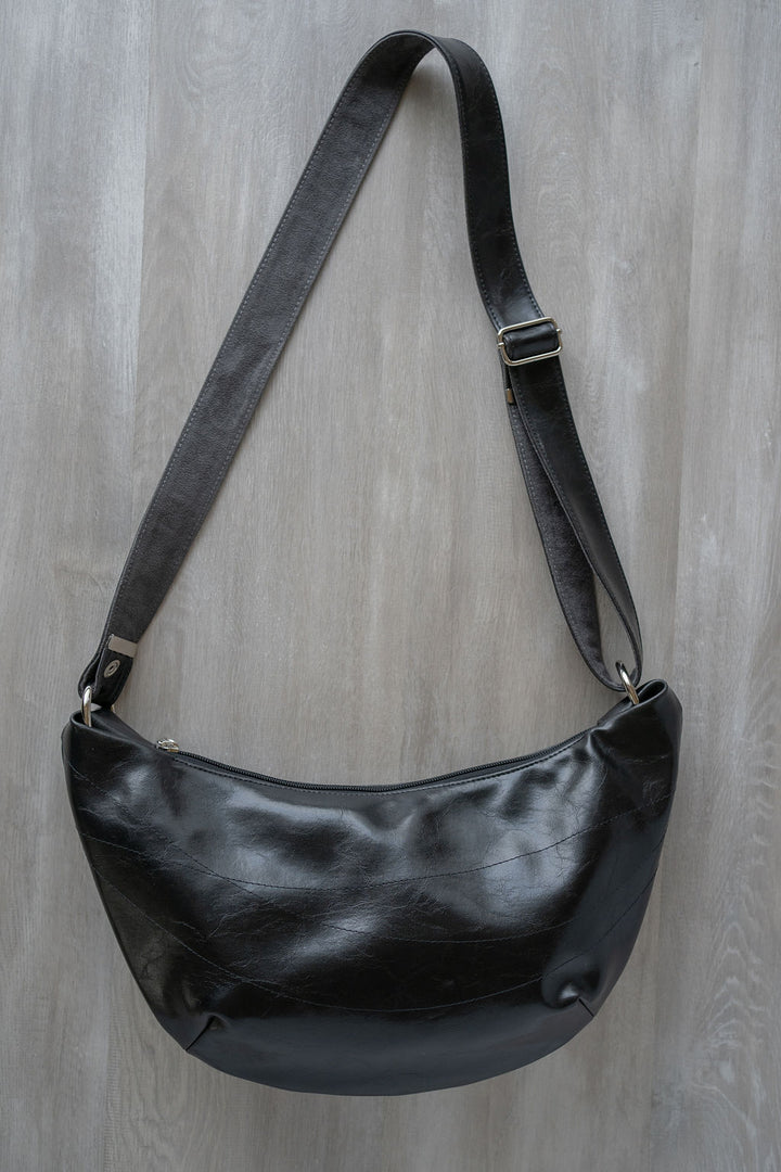 Womens Hobo Purse - Foxtrot Medium Topstitch Hobo Bag - Black Vegan Leather#color_black