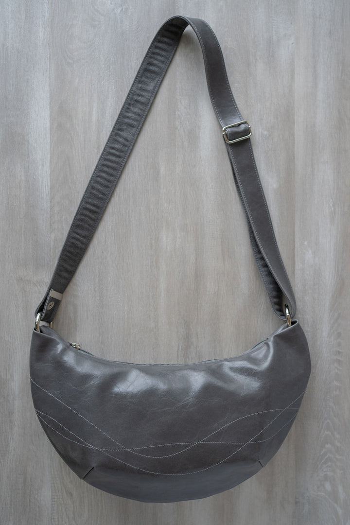 Womens Hobo Purse - Foxtrot Medium Topstitch Hobo Bag - Grey Vegan Leather#color_grey